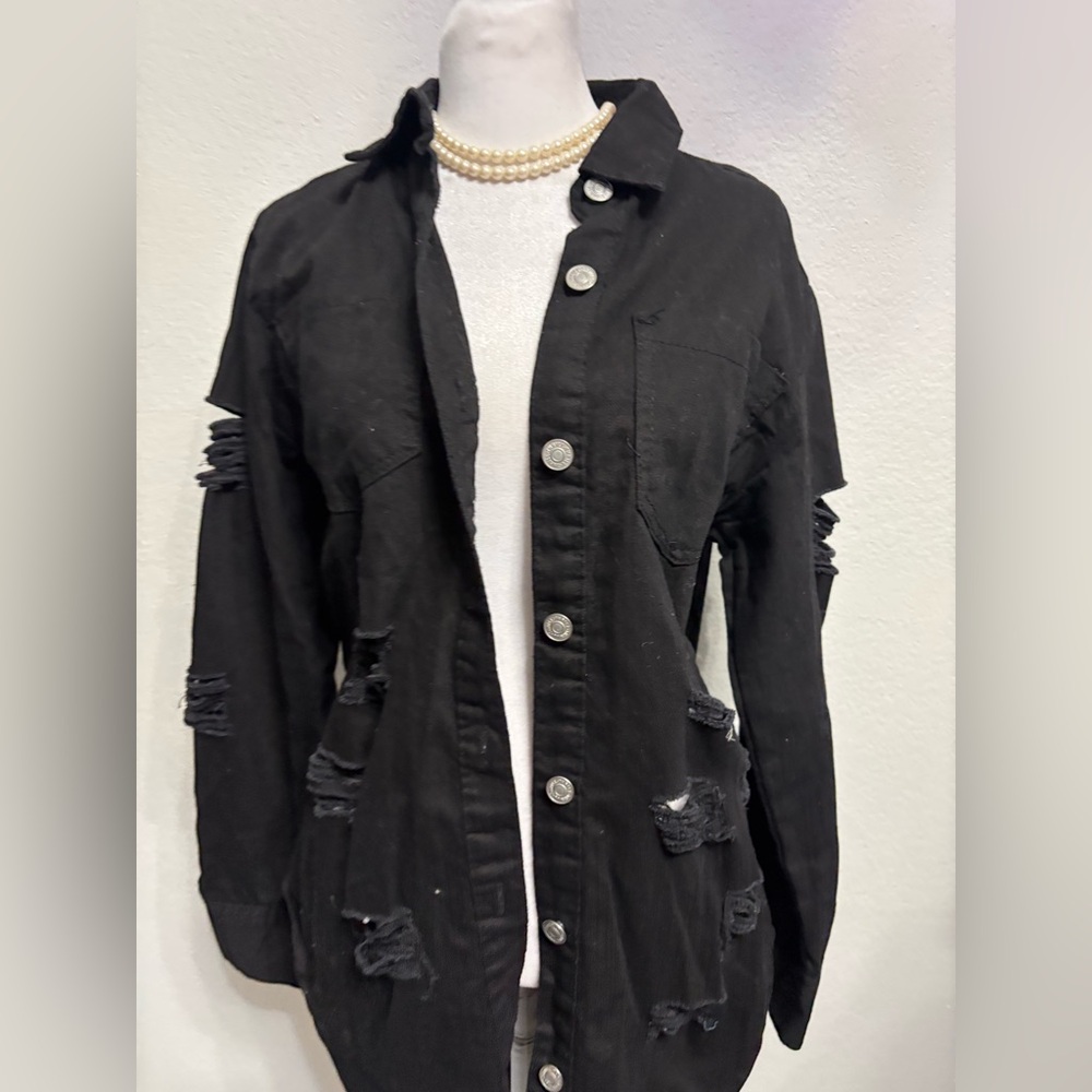 đź–¤Thrill Black Distressed Jean Jacketđź–¤ - Picture 4 of 5